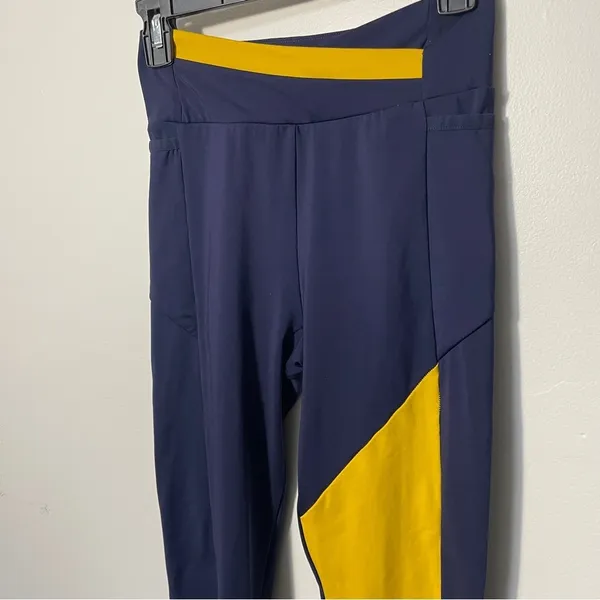 Gymshark Crossover‎ Waist Navy Yellow Asymmetrical Leggings Women’s Size Small - Image 2