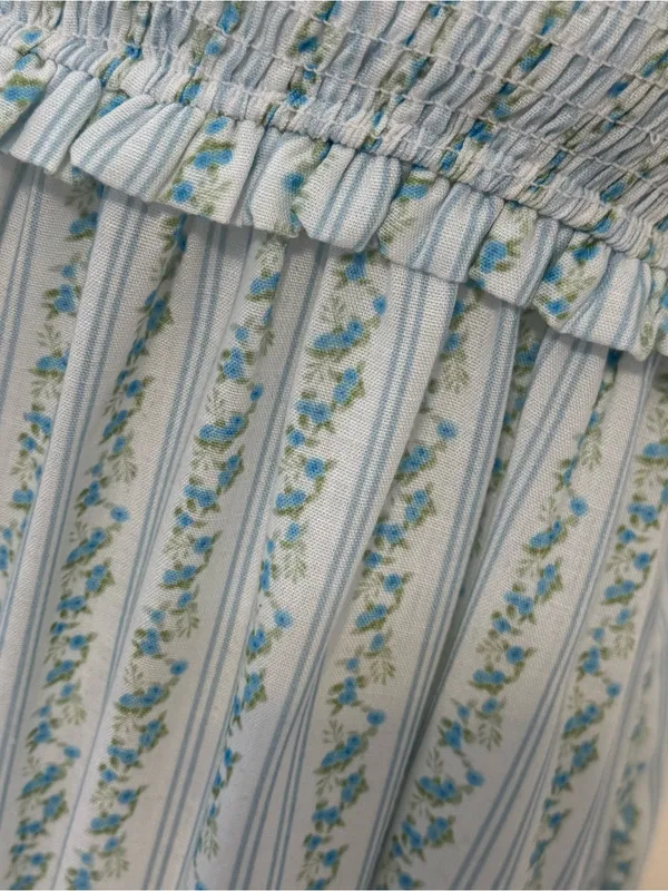 Ivory & Blue Floral Striped Smocked Tie-Shoulder Maxi Dress | Size Large - Image 5