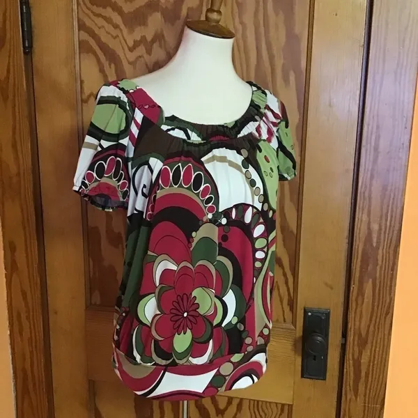 Y2K AB Studio Psychedelic Floral Top Small Retro Mod Puff Sleeve Tunic Blouse - Image 9