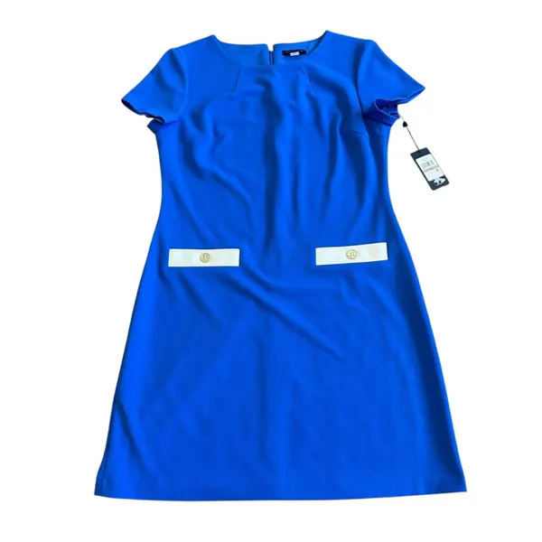 Tommy Hilfiger Faux Pocket Blue Sheath Dress Short Sleeve Size 12 Women's NWT - Image 2