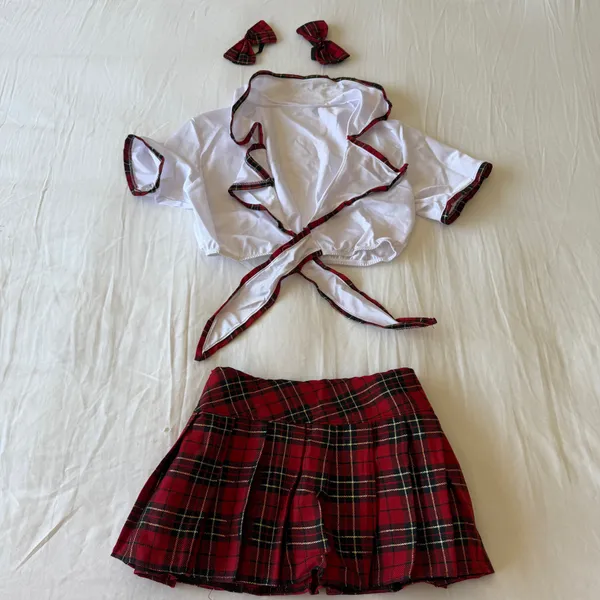 Red Plaid Pleated Mini Skirt Set 🍒 Y2K Schoolgirl Coquette Outfit – Size M (30” Waist) – Brand New - Image 3