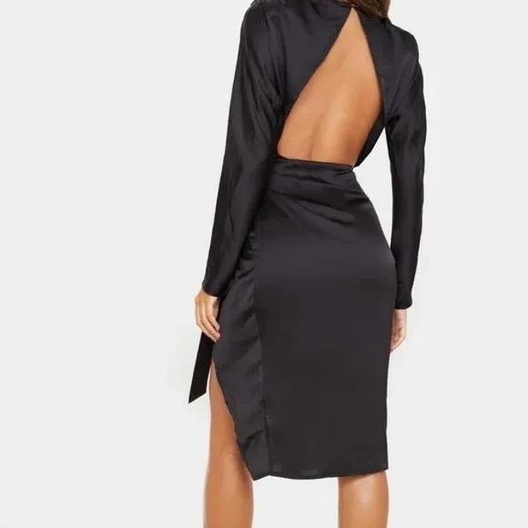 PrettyLittleThing High Slit Wrap Dress Womans 8 Black Satin Open Back Clubwear - Image 10