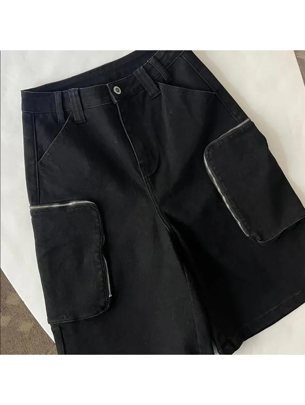 Black Y2K Skater Grunge Goth Edgy Long Cotton Denim Bermuda Shorts Zip Cargo S - Image 3