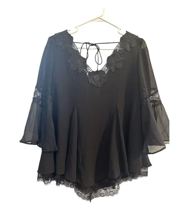 Free People Black Lace Baby Doll Flowy Boho Blouse /// Size XS - Image 5