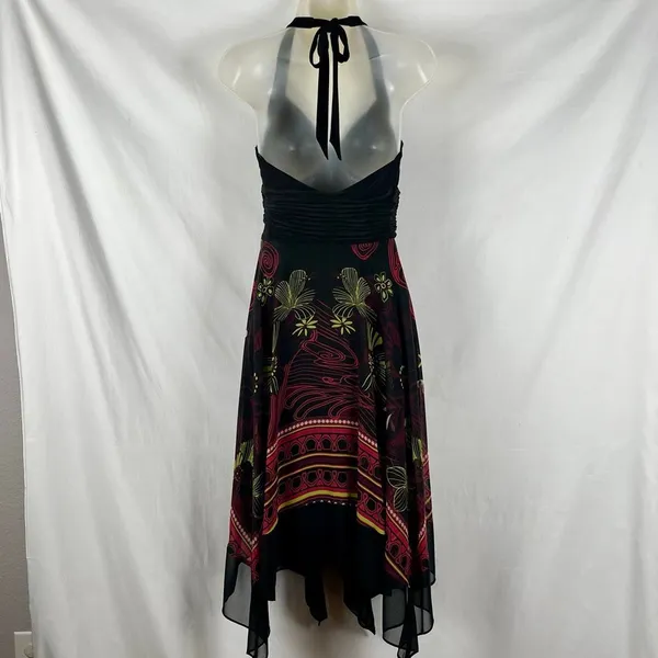 Sangria Ruched Bodice Asymmetrical Handkerchief Hem Halter Dress 4 - Image 3