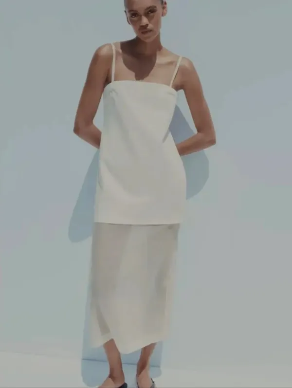 Zara Ivory Midi Dress With Straight Neckline And Sheer Hem Size L - Image 2