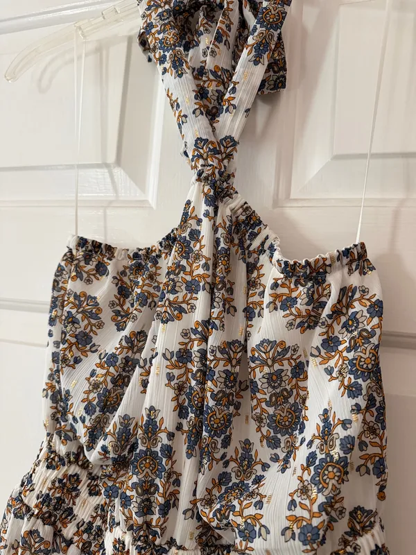 Express White One-Shoulder Floral Dress with Navy and Gold Print - Image 2
