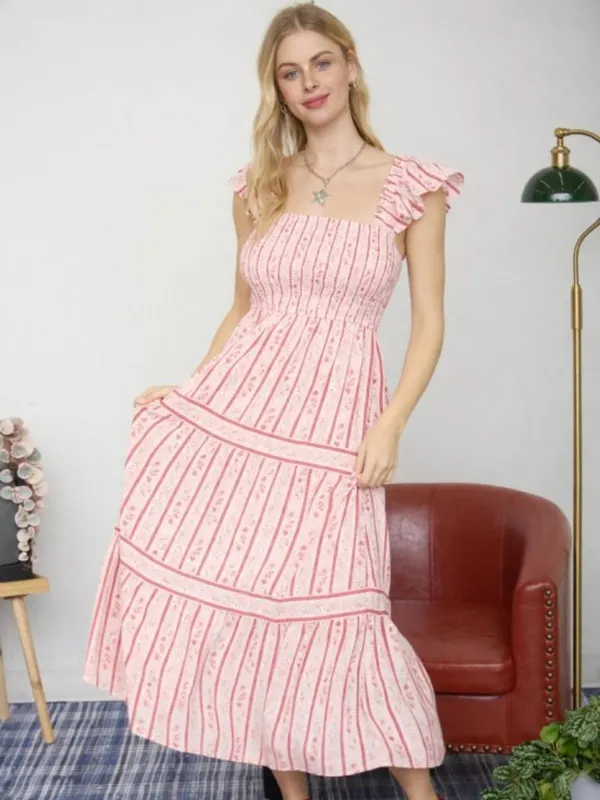 Blu Pepper Stripe Floral Pattern Smocked Tiered Midi Dress Last One Size Small - Image 2
