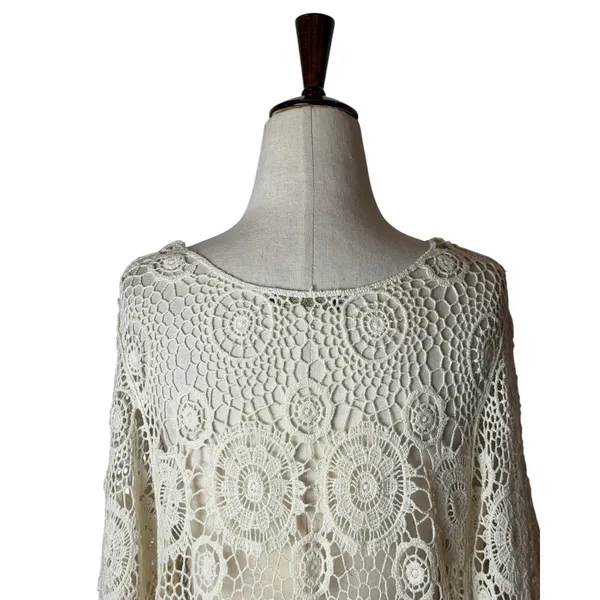 QED London Crochet Sweater Women Small Ivory Sheer Medallion Boho Coverup Hippie - Image 7