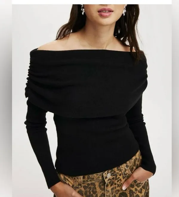 🆕 Y2K Ribbed Knit Off-Shoulder Long Sleeve Top Sexy Ruched Pullover - Image 2