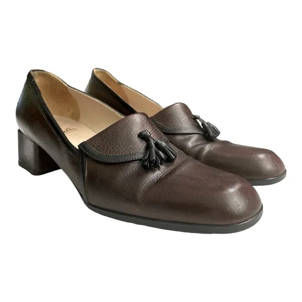 VTG Christian Louboutin Paris Brown Pebbled Leather Tassel Loafer Block Heel - Image 9