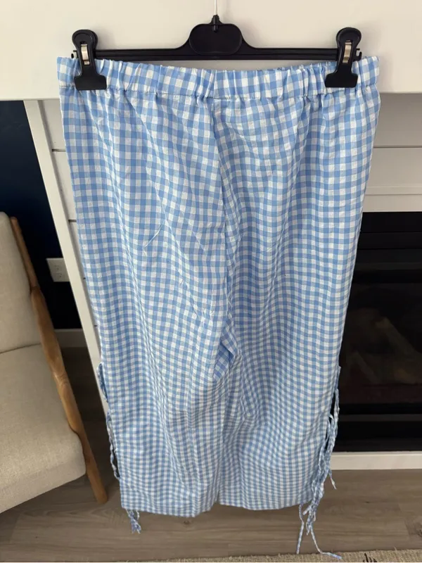 Rosa Clothing Y2K Blue Gingham Bow Tie Side Slit Wide Leg Pants New Large - Image 5