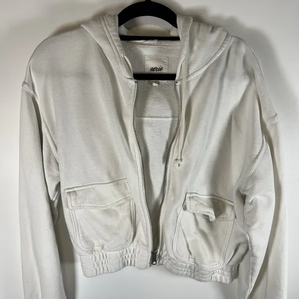Aerie Womens Cropped Hoodie Sweatshirt Full Zip Pockets Size Medium White‎ - Image 4