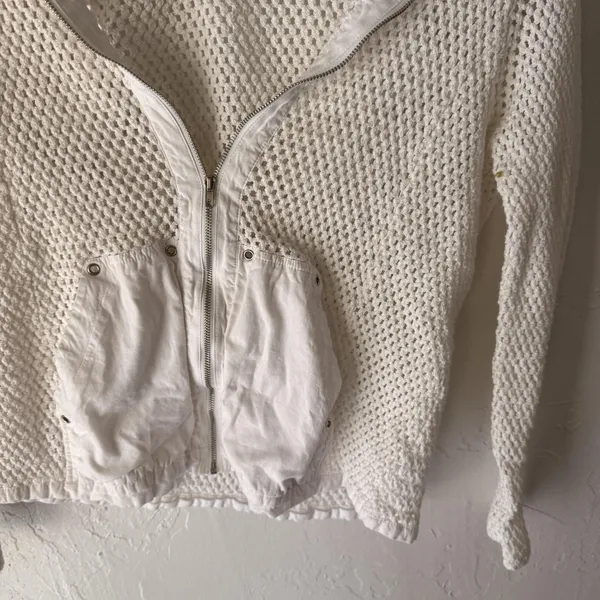 Erin London Y2k Sweater Medium White Hooded Mesh Zip‎ Up Knit Pockets Jacket - Image 3
