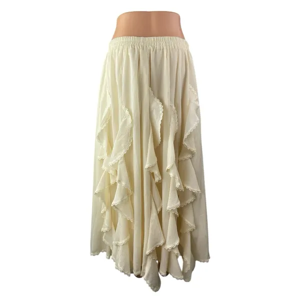 Commense Women's Cream White Ruffles Elastic waist Midi Flared A-Line Skirt XL - Image 2