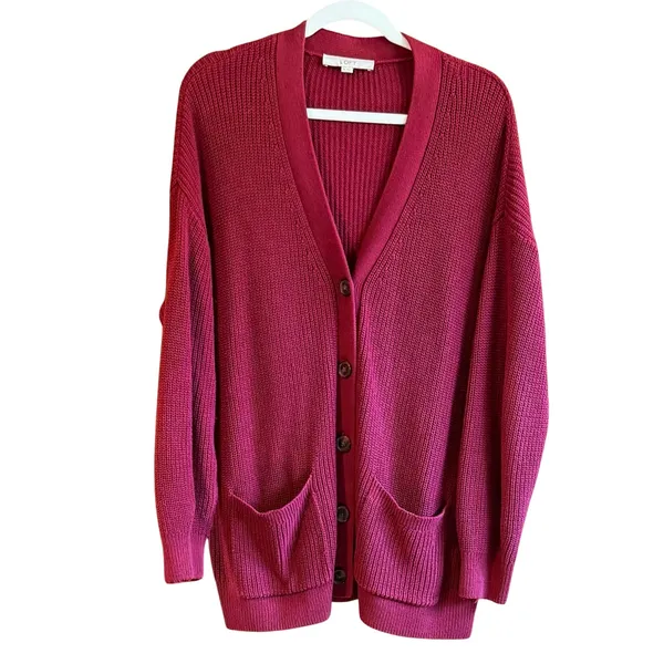 LOFT Womens XL Burgundy Red Shaker Stitch Cotton Button Front Cardigan Sweater - Image 3