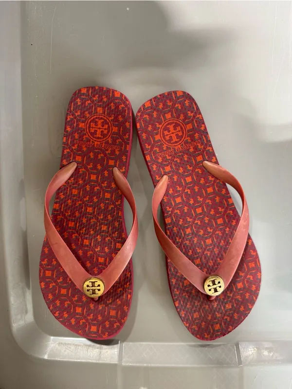 Tory Burch Logo Lattice Red Printed Flip Flops with Logo Medallion - Image 4