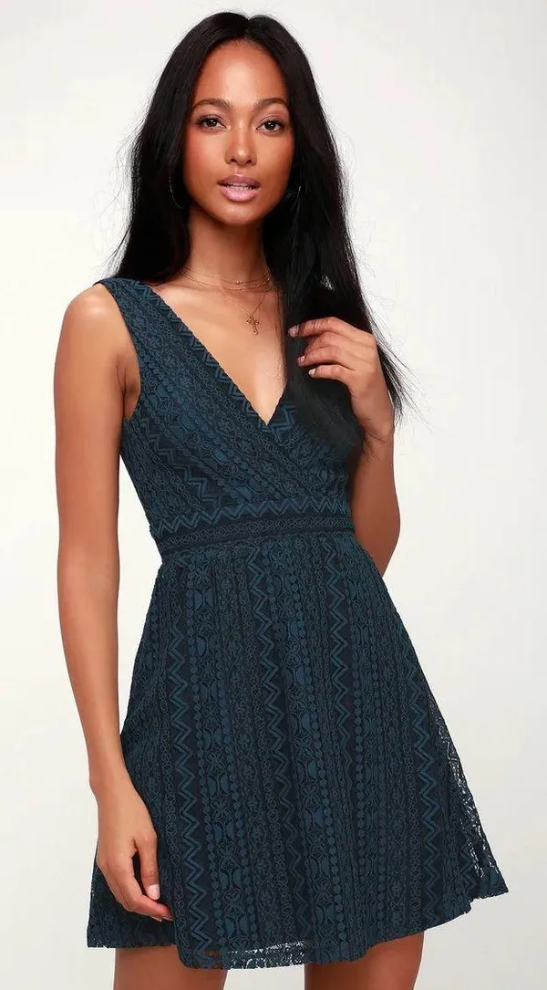 Lulus Navy Blue Lace Skater Dress - Image 2