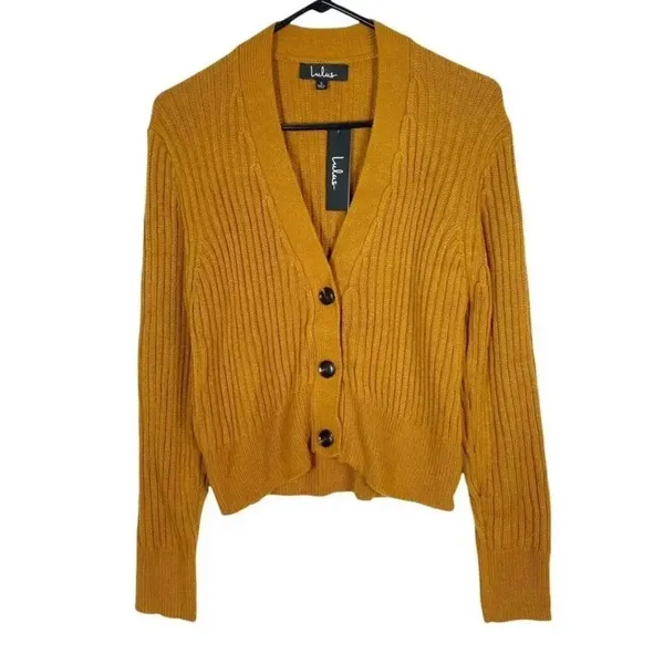 Lulus Camel Mustard Yellow Ribbed Knit Short Cardigan Sweater Women Size XL v6x - Image 3