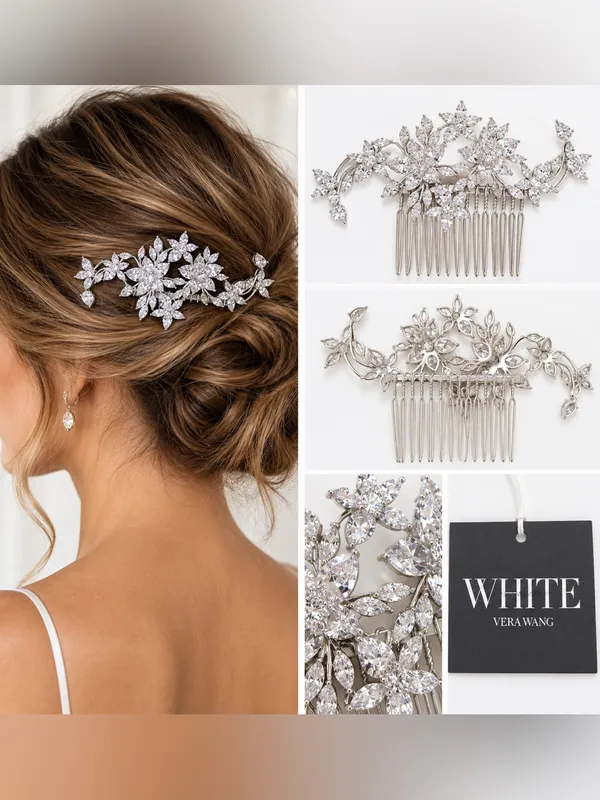 WHITE by Vera Wang VWC72346 Cubic Zirconia Floral Bridal Hair Comb Silver NWT - Image 2