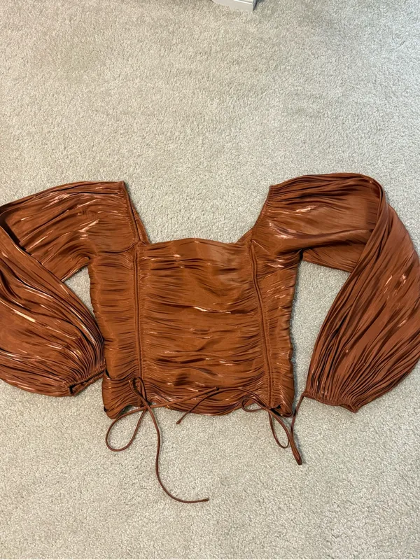 Line & Dot Rust Brown Ruched Square-Neck Long Sleeve Top - Image 2