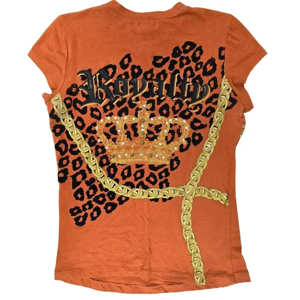 Baby phat 90s y2k Orange Graphic Tee Shirt With Leopard Print & Chain Detail L - Image 2