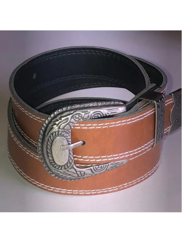 Brown Faux Leather Belt with Decorative Silver Buckle - Image 2