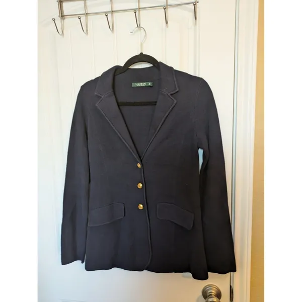 Lauren Ralph Lauren Womens Blue Button-Up Knit Sweater Blazer Gold Buttons S - Image 3