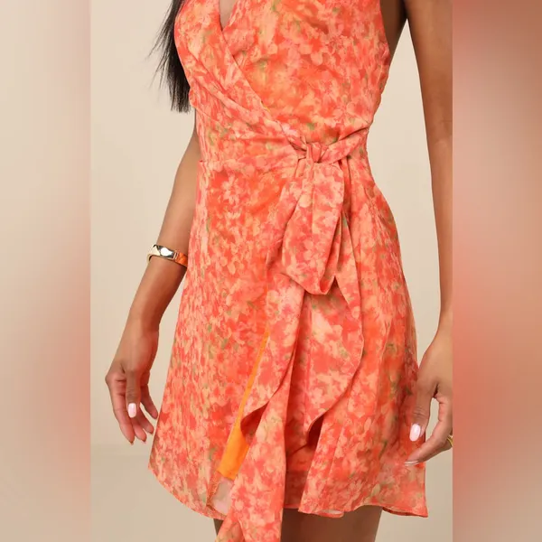 Lulu's Felicita Orange Floral Halter Wrap Mini Dress - Image 4