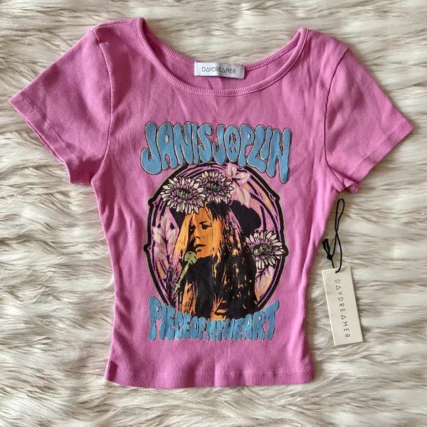 Free People Pink Purple Janis Joplin Piece of My Heart Ribbed Baby Tee Crop Top - Image 5