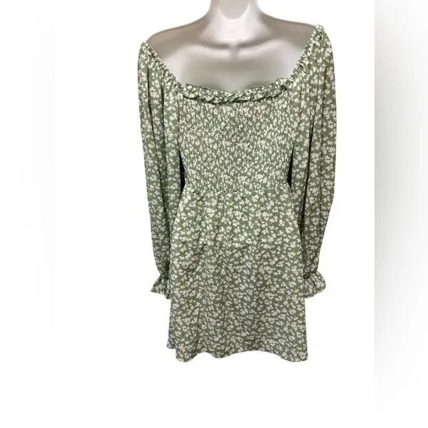 Princess Polly Love Birds Mini Milkmaid Dress Sz 6 Floral Puff Sleeve Green - Image 5