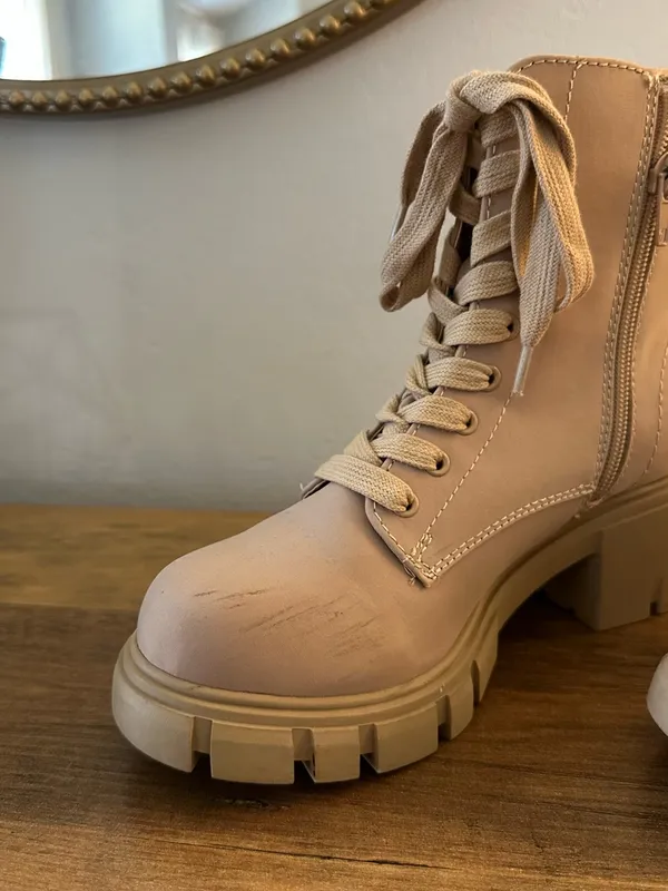 Women's Beige Lace-Up Chunky Heel Combat Boots - Image 2