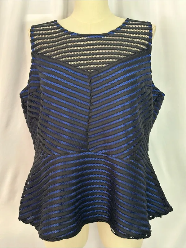 City Chic XXL Black & Royal Blue Mesh Stripe Peplum Top | Sheer Detail (1313) - Image 2
