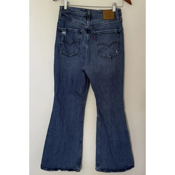 Levis Premium 70s Super High Rise Flare Slim Medium Wash Denim Blue Jeans Sz 28 - Image 2