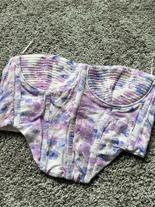 Bardot Floral Corset Crop Top in Lavender, Blue and White - Image 2