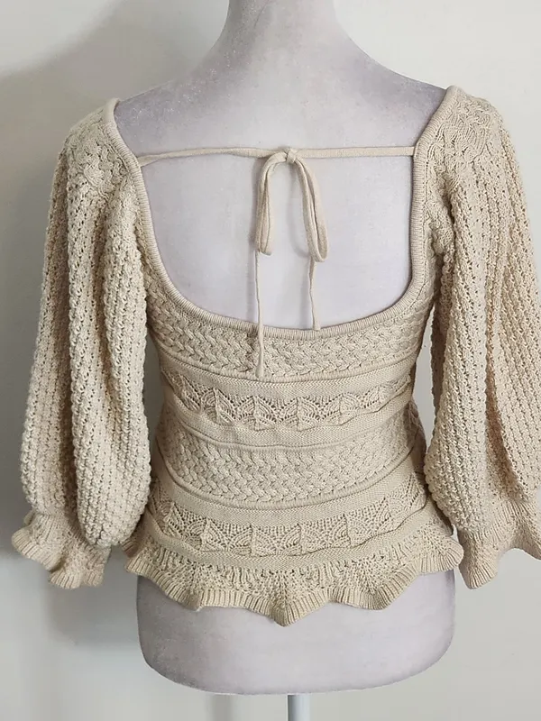 Lucy Paris Beige Knit Cropped Sweater with Puffy Sleeves Size XS - Image 3