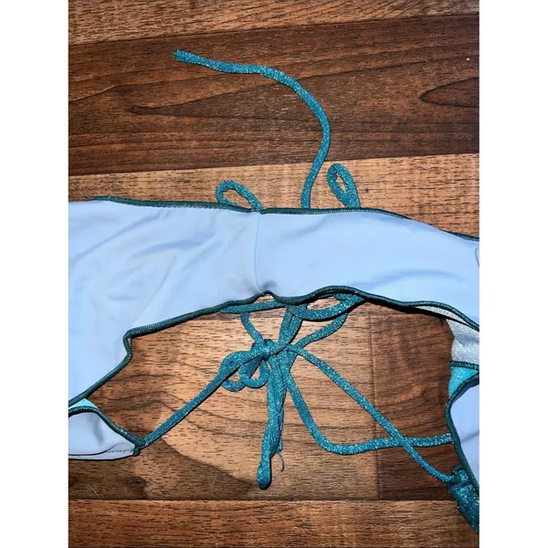 PrettyLittleThing Blue Teal Metallic Patchwork Tie-Side Bikini Bottom - Image 7