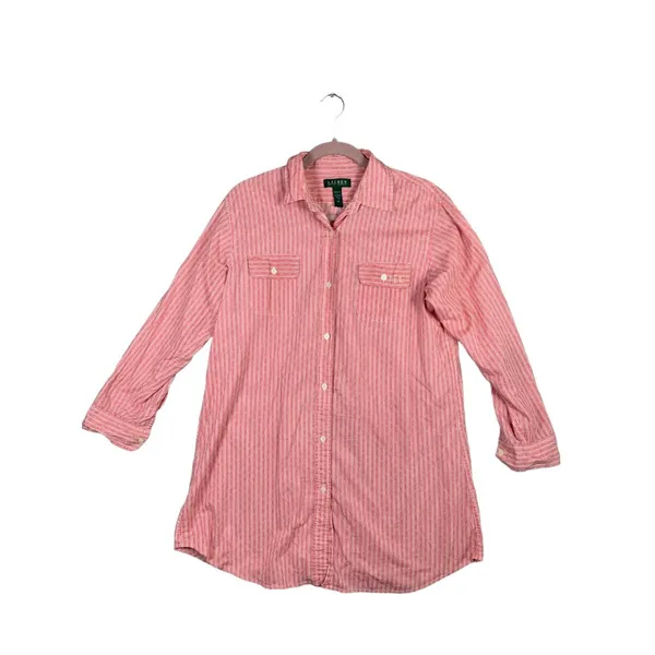 Lauren Ralph Lauren‎ Medium Shirt Button Up Pink Striped Long Sleeve Long Logo - Image 3