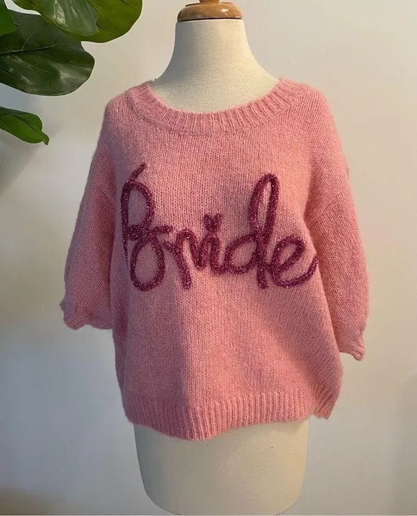 Bibi | Pink “Bride” Embroidered Short Sleeve Sweater Size M - Image 2