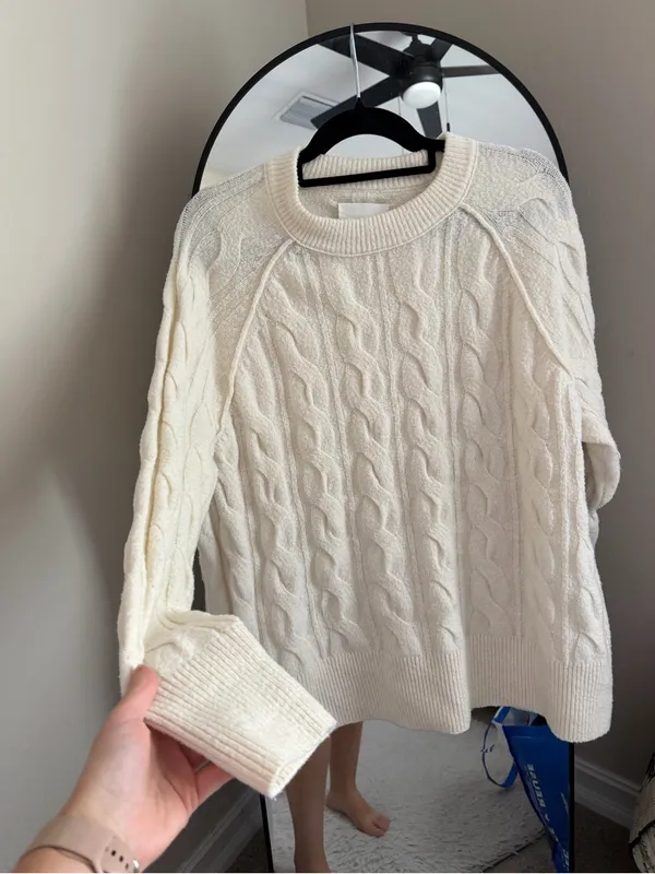 aerie Cable Knit Crewneck Sweater - Cream - Image 3