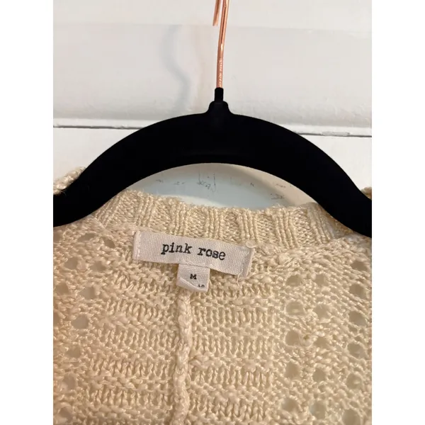 Pink Rose Cream Pointelle Knit Open Front Cardigan Sweater Medium Boho Ivory - Image 4