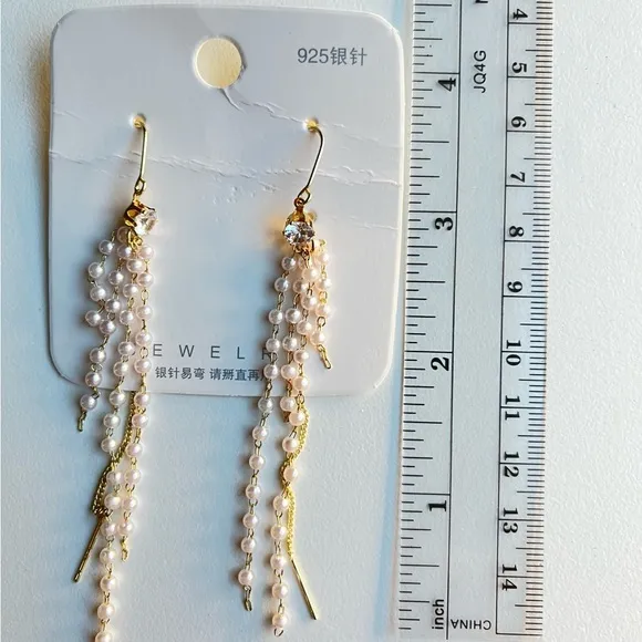 Elegant Faux Pearl Dangle Earrings with‎ Gold Chains – Layered Tassel Design - Image 5