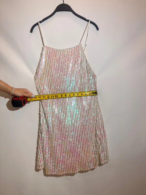 Fame & Partners Iris Pearl Iridescent Sequin Stripe Square Neck Mini Dress US 6 - Image 5