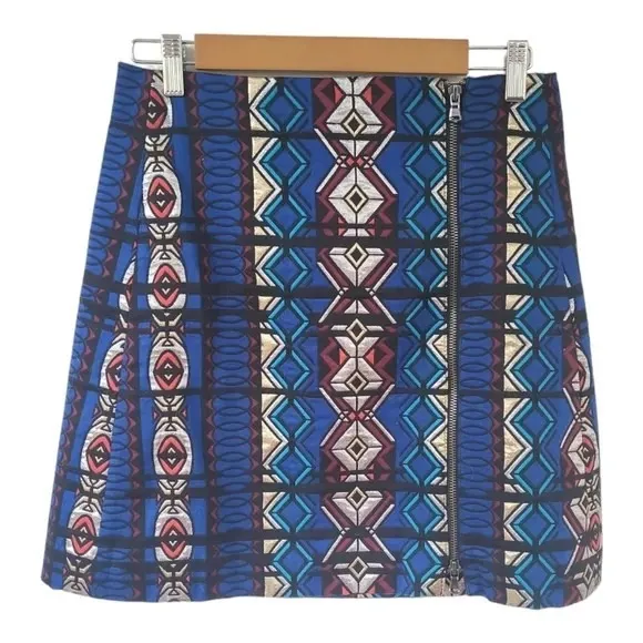 J.Crew Womens Mini Skirt Size 0 Blue Windowpane Geometric Jacquard Zip Aztec - Image 3