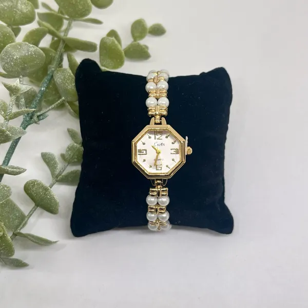 Dainty Gold Tone Pearl Watch - Image 2