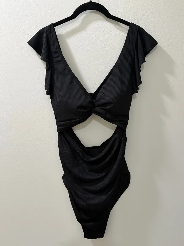 Maternity Black Ribbed Twist Front Cutout One Piece Swimsuit - Image 2
