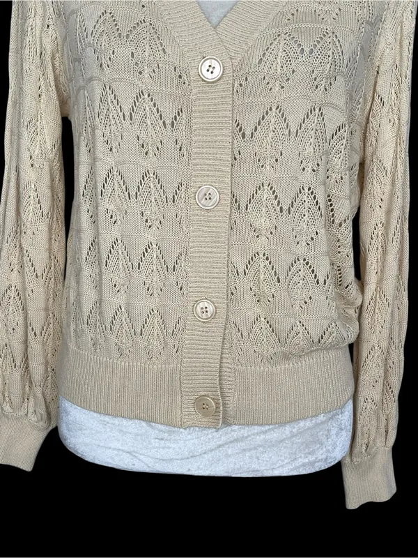 Cream Open Knit Cardigan Sweater Women’s Size S Bubble Sleeves - Image 3