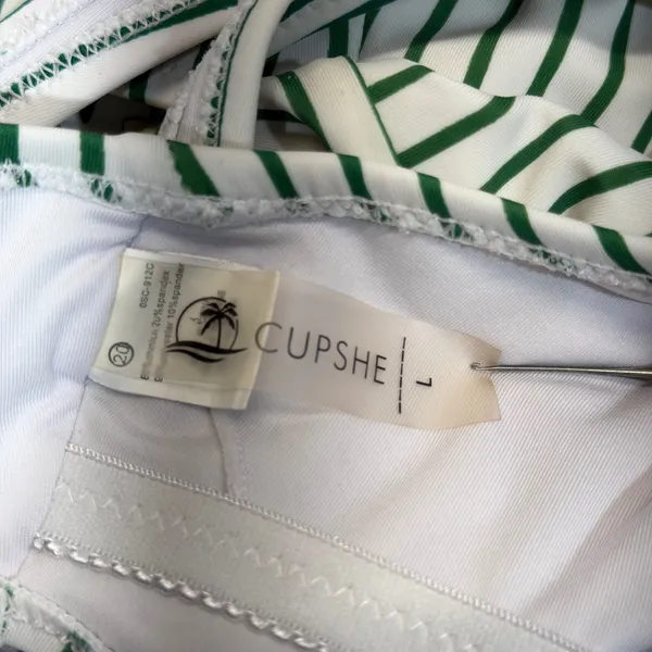 Cupshe One Piece Swimsuit‎ Large Green White Striped Floral Wrap Tie Cutout - Image 6