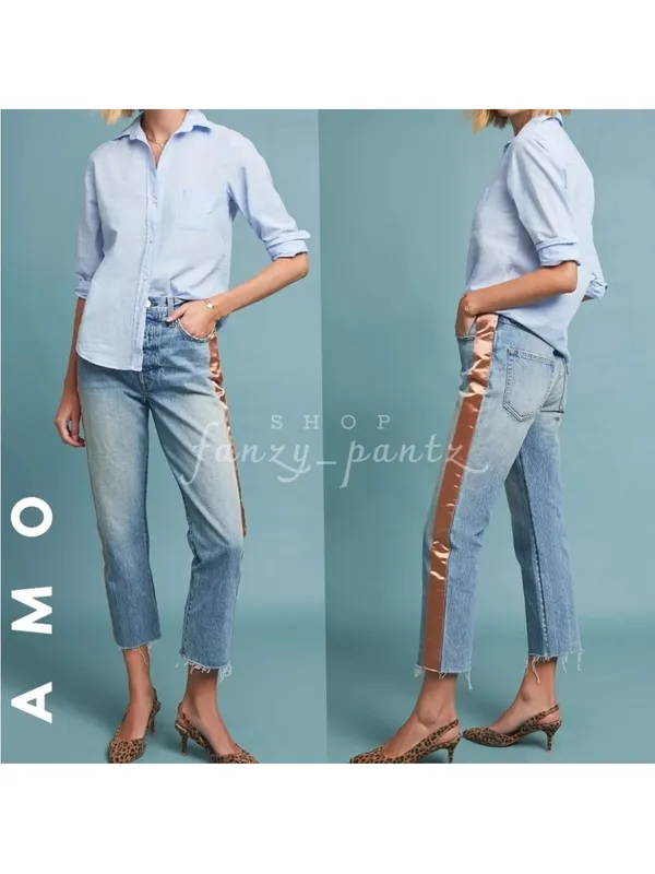 AMO Loverboy Indigo Adobe Ribbon Jeans 28 Cotton Raw Hem High Waisted - Image 7