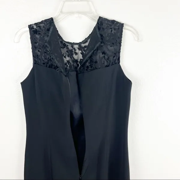 PAT ARGENTI Evening Wear Classic Black Velvet Lace Top Front Split Dress Size 6 - Image 3